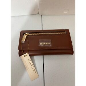 Ellen Tracy Brown Leather Continental Wallet Zipper‎ Closure NEW